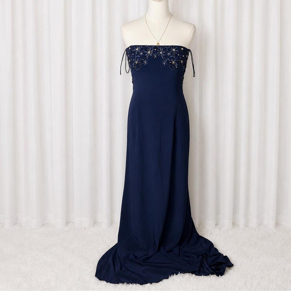 Vintage Jovani Navy Blue Beaded Strapless Formal Gown